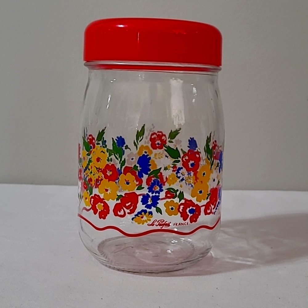 Vintage Le Parfait France floral glass canister jar